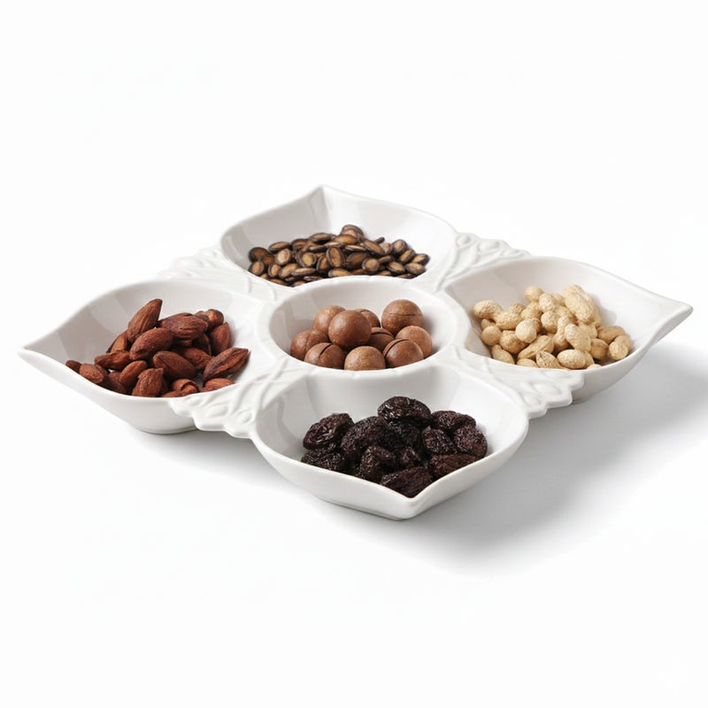 شالو طبق تقديم مسطح من البورسلين بخمسة أقسام - 31 سم، أبيض، مصنوع من البورسلين الصيني الفاخر، مثالي للضيافة الأنيقة والاستخدام اليومي وشهر رمضان وعيد الفطر وعيد ديوالي والمناسبات الاحتفالية. - Image 2